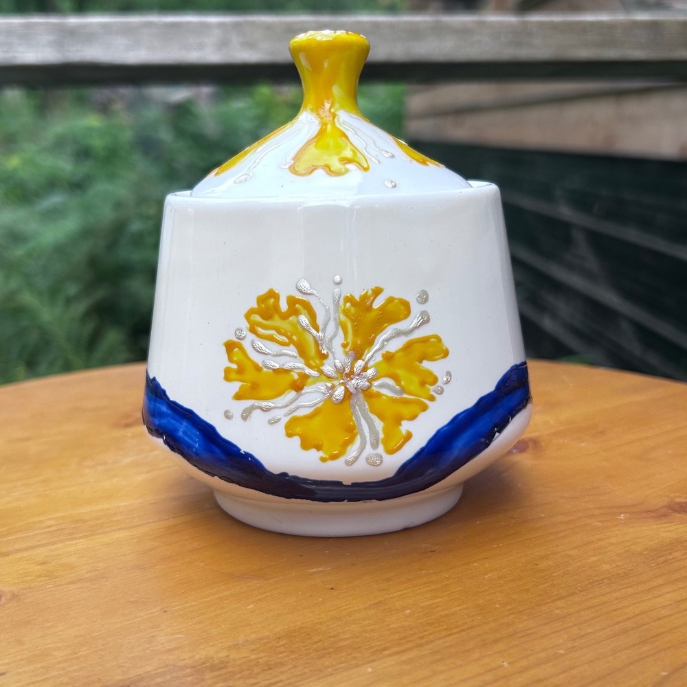 Vintage Sugar Bowl Ceramic White Yellow Hibiscus Floral Cobalt Blue Signed MCM
